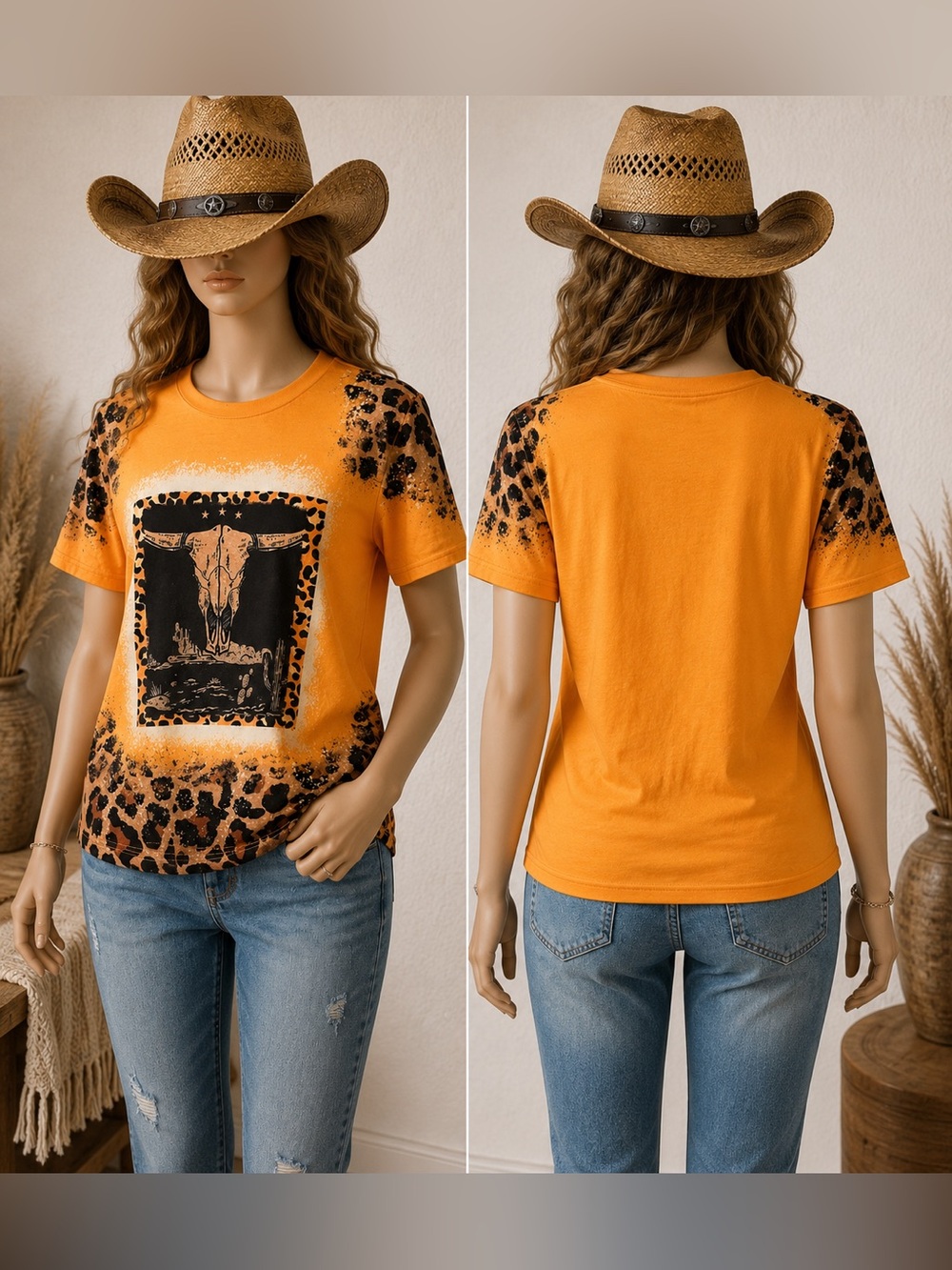 🆕 Western/Cowboy themed Graphic Tee with Leopard Trim - Women’s Short Sleeve